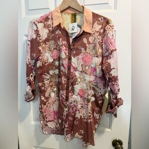 NWT Aratta Top sequins Floral Embroidered Button-Up Shirt lace black hem S *READ